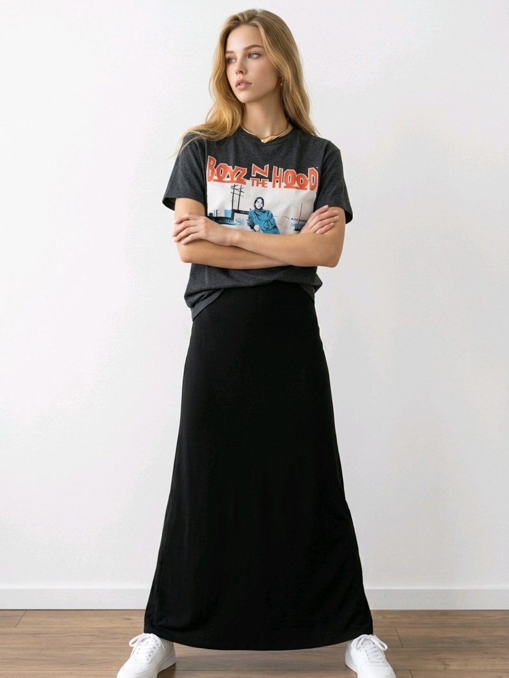 Black Satin-like, High Waisted Maxi Skirt